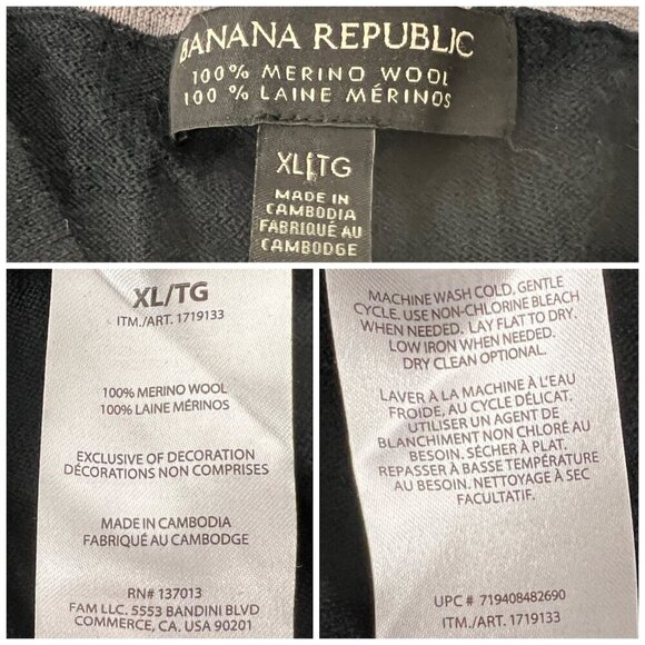 Banana Republic 100% Merino Wool Black V-Neck Knit Pullover Sweater Sz XL Mens - Picture 9 of 10